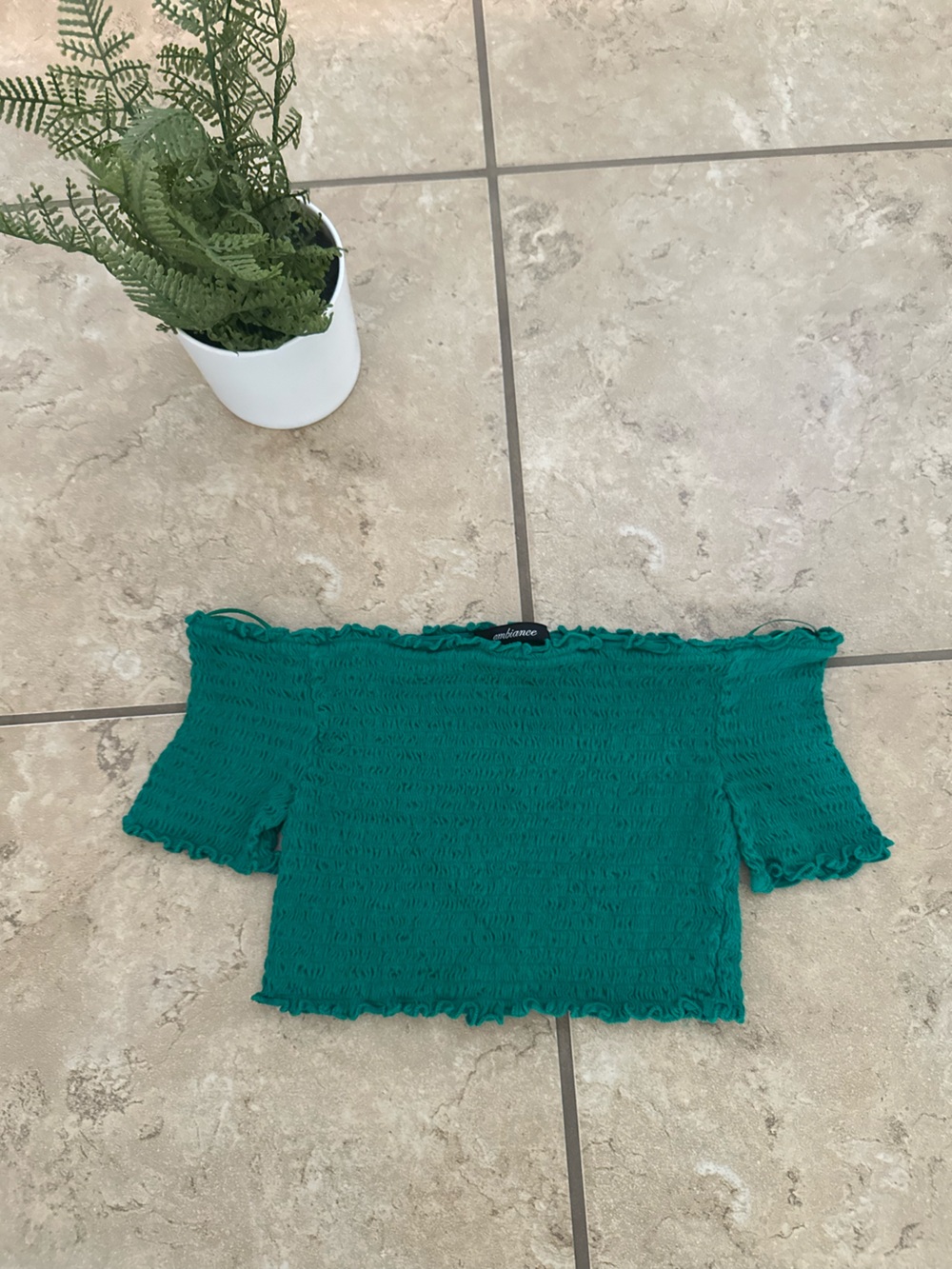 GREEN SMOCKED OFF SHOULDER TOP